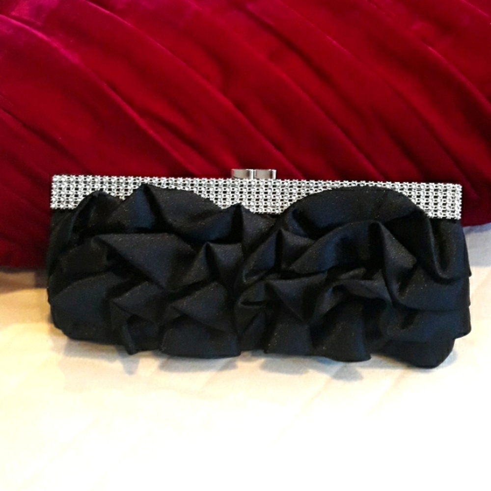 BIJOUX TERNER Black, Satin  Ruffle, Evening Clutch. NWOT